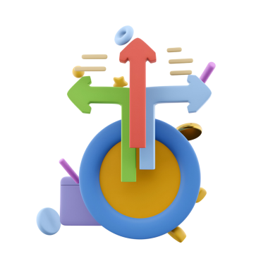 Değişik yönleri gösteren, hareketi ve karar vermeyi sembolize eden üç boyutlu renkli bir tasarım..