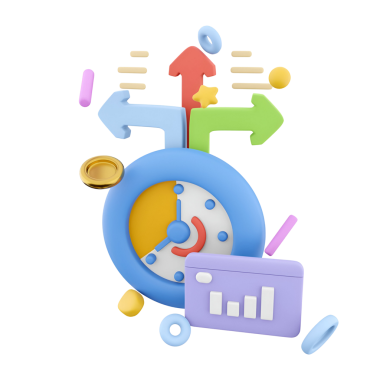 Saat, oklar ve grafiğin yer aldığı renkli bir illüstrasyon, zaman yönetimi ve verimliliği sembolize ediyor..