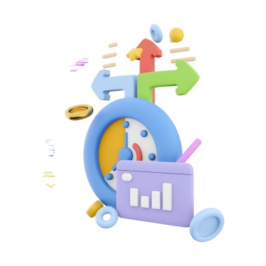 Zaman yönetimi ve veri analizini sembolize eden bir saat, oklar ve grafiği içeren renkli bir illüstrasyon.