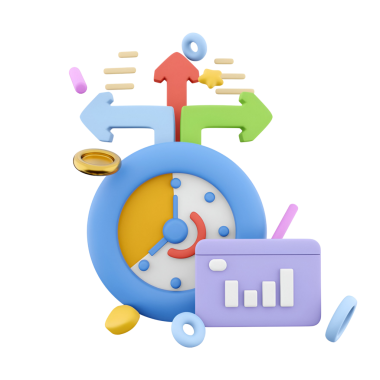 Zaman yönetimi ve veri analizini sembolize eden, saat, ok ve grafiği gösteren renkli bir 3D çizim.