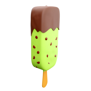 Çikolata kaplı, yeşil nane aromalı, çikolata parçalı ve ahşap çubuklu renkli bir dondurma..