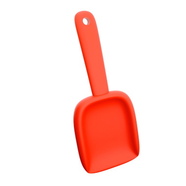 Düz tabanlı ve uzun saplı parlak kırmızı bir kepçe. Küçük nesneleri toplamak ve nakletmek için ideal..