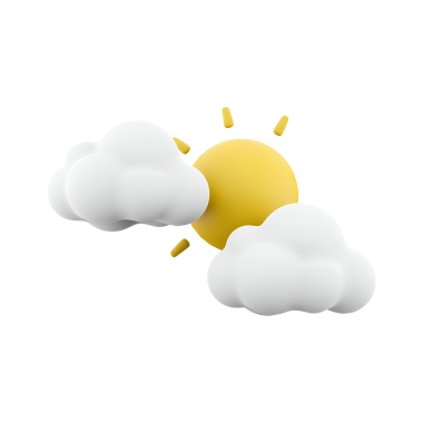İki kabarık bulutun arasından bakan parlak bir güneş, neşeli ve hoş bir havayı simgeliyor..