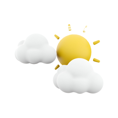 Neşeli, stilize bir güneş iki kabarık bulutun arasından bakıyor, hoş havayı temsil ediyor..