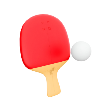 Bir kırmızı masa tenisi raketi ve masa tenisi sporunu temsil eden beyaz bir top..