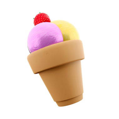 Üç kepçe mor, sarı ve üstünde çilek olan renkli bir dondurma külahı..