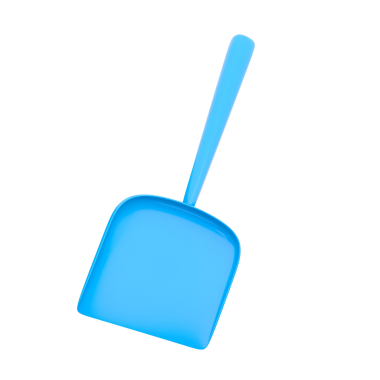 Kazmak ya da kepçelemek için tasarlanmış mavi bir plastik kürek, genellikle bahçe işlerinde ya da çocuk oyunlarında kullanılır..