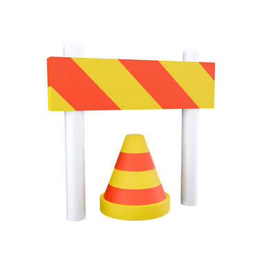 Turuncu ve sarı çizgili bir inşaat tabelası ve çalışma alanını gösteren bir trafik konisi..