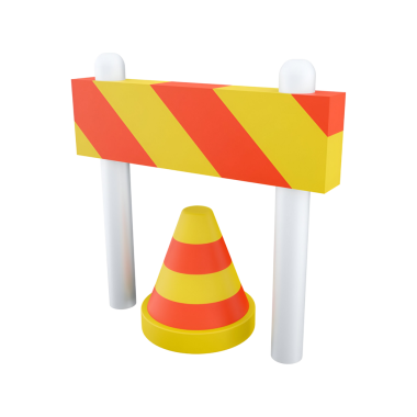 Çizgili bir bariyer ve bir trafik konisi içeren bir inşaat uyarısı..