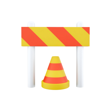 Çapraz çizgileri ve trafik konisi olan bir inşaat bariyeri, güvenlik için yasak bölgeyi gösteriyor..