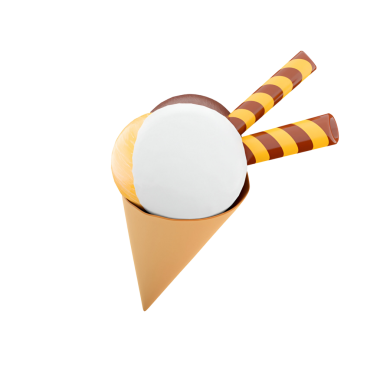 Bir kepçe beyaz dondurma ve iki çizgili sopayla kaplı lezzetli bir dondurma külahı..