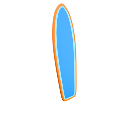 Okyanus dalgalarında sörf yapmak için tasarlanmış turuncu çizgili canlı bir mavi sörf tahtası..