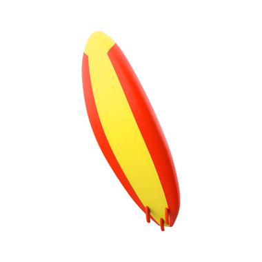 Su sporları ve sörf aktiviteleri için tasarlanmış canlı kırmızı ve sarı bir sörf tahtası..