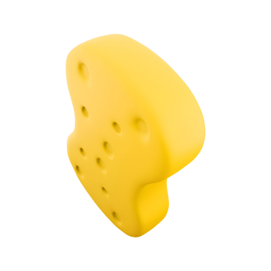 Delikleri olan stilize edilmiş sarı peynir şekilli bir nesne, muhtemelen oyuncu bir tasvir veya oyuncak..
