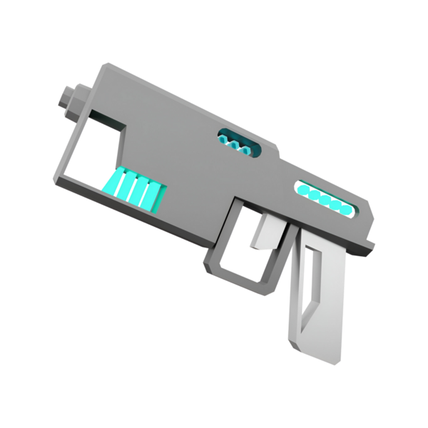 Gösterişli çizgiler ve neon aksanlar içeren stilize edilmiş, fütüristik bir silah tasarımı, bir bilim-kurgu ya da oyun bağlamını akla getiriyor..