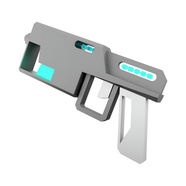 Gösterişli çizgileri ve parlak aksanları olan, muhtemelen video oyunu ya da dijital sanat için tasarlanmış gelecekçi, stilize bir silah tasarımı..