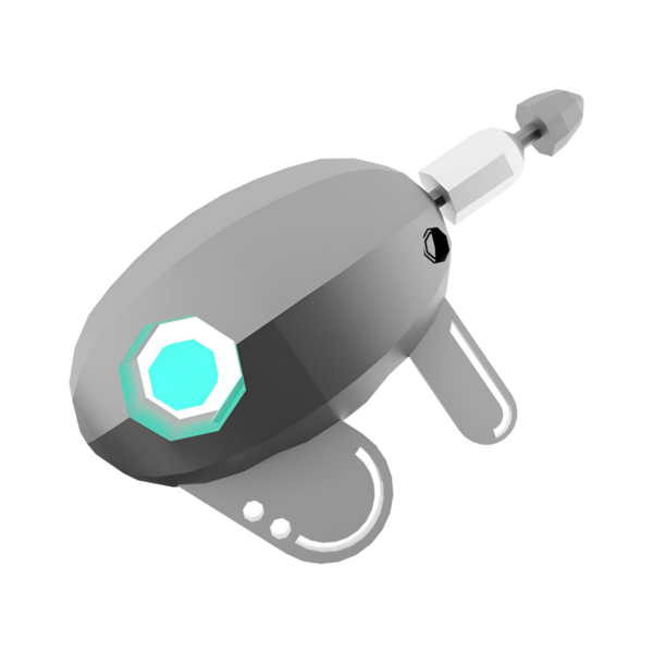 Gelişmiş teknoloji uygulamaları için tasarlanmış, parıldayan bir elemente sahip, robotik bir alete benzeyen parlak, fütüristik bir cihaz..