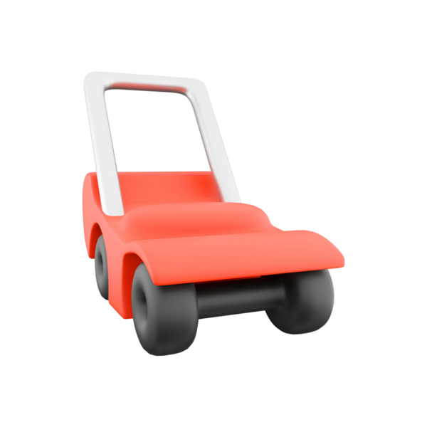 Çocuklar için tasarlanmış, basit bir yapısı ve itmek için kolay tutuşu olan kırmızı oyuncak bir araba..