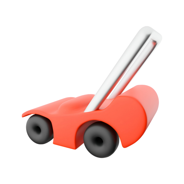 Çocuk oyunu için tasarlanmış gümüş saplı kırmızı bir çim biçme makinesi..