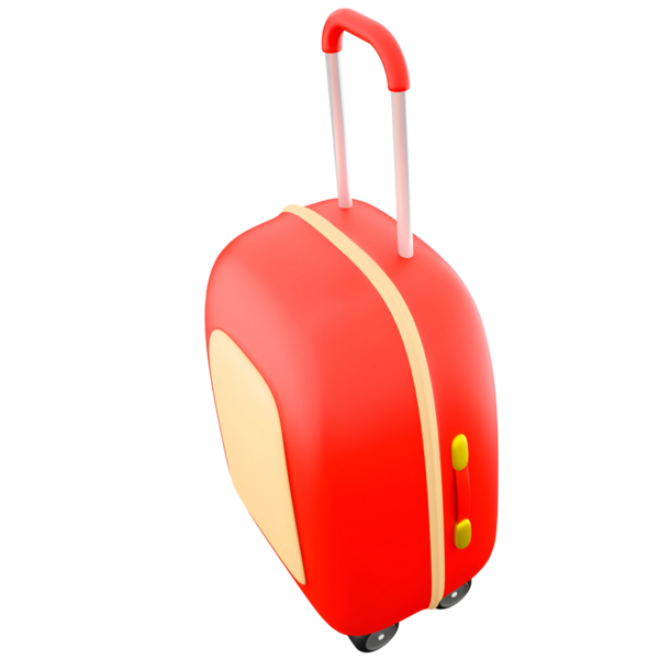 Canlı kırmızı bir bavul, sarı aksanlı, seyahat için tasarlanmış, tekerlekleri ve geri çekilebilir sapı var..