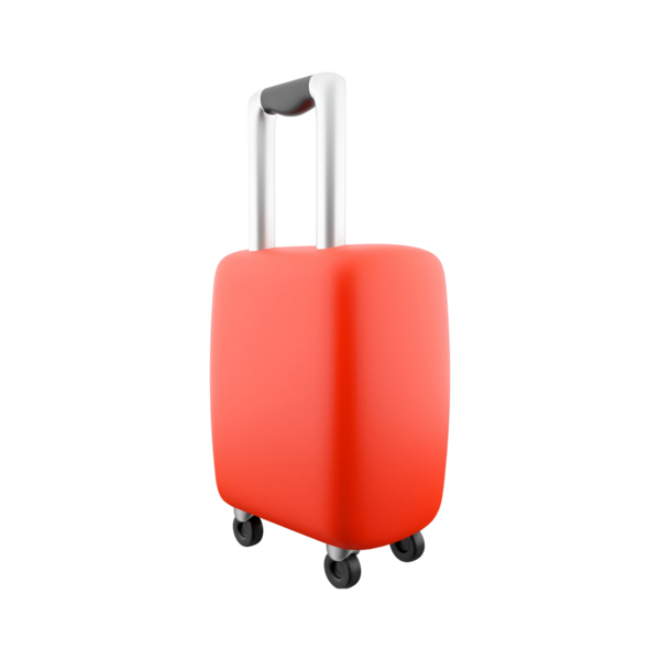 Hareketli kırmızı bir bavul, geri çekilebilir sapı ve tekerlekleri var. Seyahat ve kişisel eşyaların taşınması için ideal..