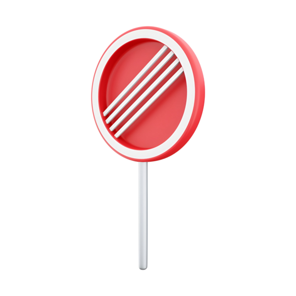 Üç beyaz çizgili kırmızı dairesel bir işaret, lolipop ya da stilize edilmiş bir ikona benziyor..
