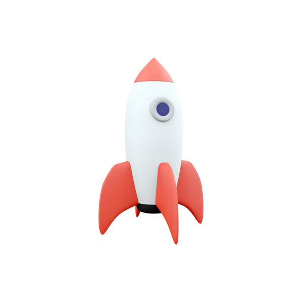 Beyaz gövdeli, kırmızı aksanlı, keşif ve teknolojiyi simgeleyen stilize edilmiş bir roket..