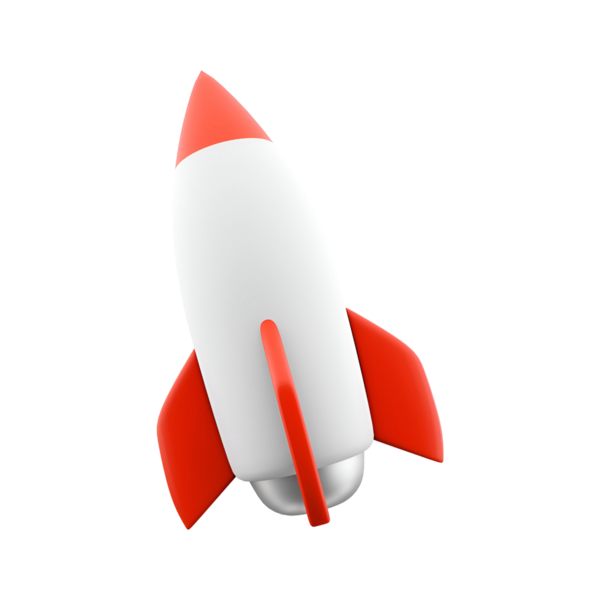 Kırmızı uçlu ve yüzgeçli stilize bir roket çizimi, keşif ve yeniliği simgeliyor..