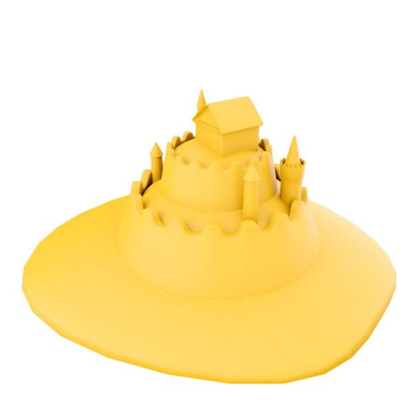 Tepesinde kuleler ve küçük bir ev olan tuhaf sarı kumdan bir kale, neşeli bir sahil atmosferini çağrıştırıyor..