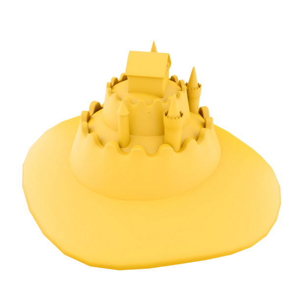 Komik sahneler ya da yaratıcı projeler için tasarlanmış kuleleri ve hendeği olan tuhaf sarı kumdan bir kale..