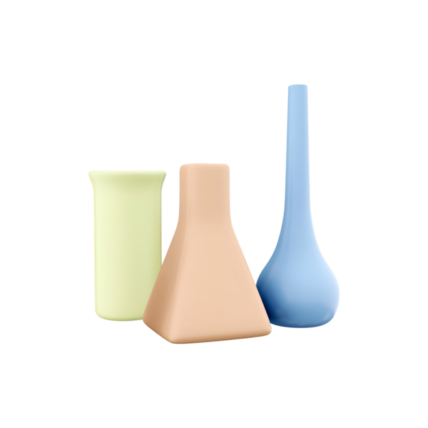 Pastel renklerde modern vazolardan oluşan bir üçlü. Minimalist tasarım ve iç mekanlar için dekoratif potansiyel sergileniyor..