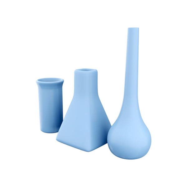 Bilimsel deneyler için kullanılan bir deney tüpü, bir şişe, bir şişe ve bir deney tüpü de dahil olmak üzere üç mavi laboratuvar cam parçasından oluşan bir set..
