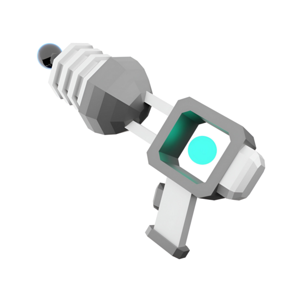 Geometrik şekilli stilize bir fütüristik silah ve bir bilim kurgu veya oyun bağlamında tasarlanmış parlayan mavi bir element..