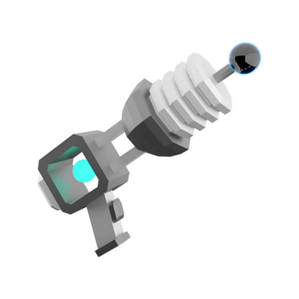 Parlak bir tasarımı ve canlı aksanları olan, ışın tabancasını andıran fütüristik, stilize bir silah..