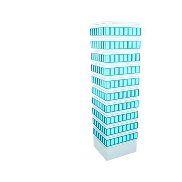 Modern mimariyi temsil eden katmanlı pencereleri olan yüksek bir binanın stilize edilmiş bir çizimi..