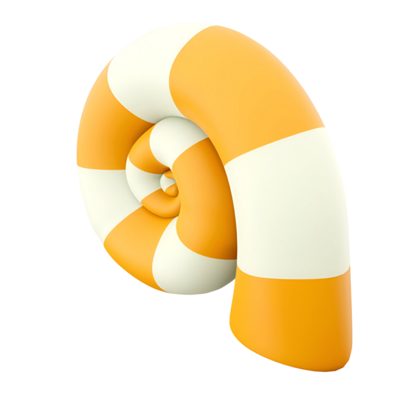 Dönüşümlü turuncu ve beyaz çizgili, tuhaf bir şekeri ya da dekoratif nesneyi andıran biçimlendirilmiş bir spiral şekil..