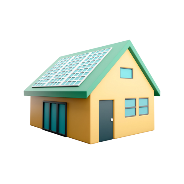 Çatıda güneş panelleri bulunan modern bir ev, çevre dostu yaşamı ve yenilenebilir enerjiyi simgeliyor..