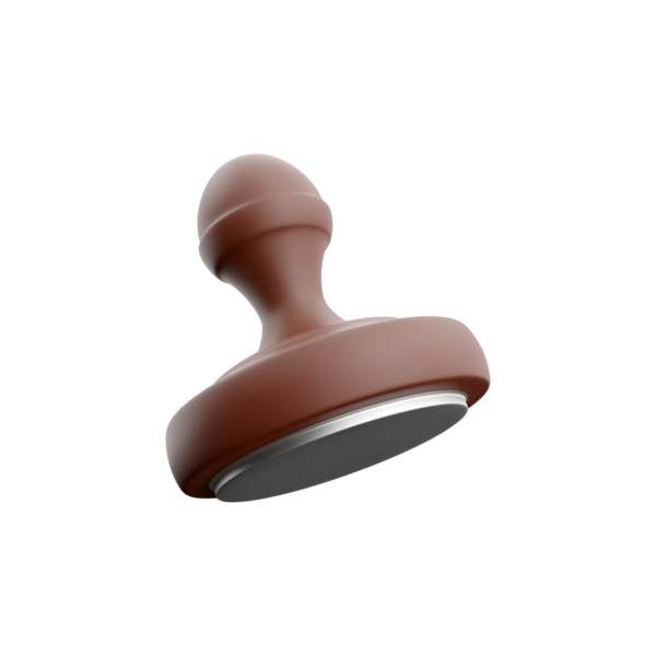 Yuvarlak saplı kahverengi bir kauçuk damga. Belgeleri işaretlemek ya da iz bırakmak için kullanılır..