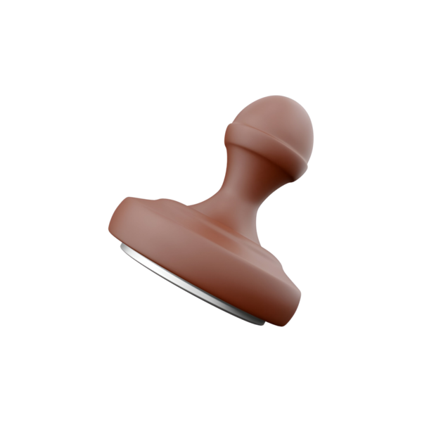 Belgeleri işaretlemek için tasarlanmış bir lastik damga, yuvarlak bir sapı ve damgalamak için düz bir yüzeyi içeriyor.