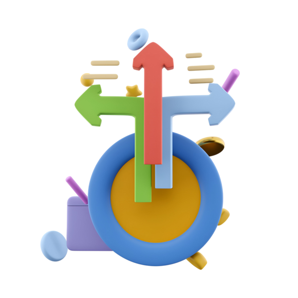Değişik yönleri gösteren, hareketi ve karar vermeyi sembolize eden üç boyutlu renkli bir tasarım..