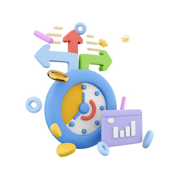 Zaman yönetimi ve veri analizini sembolize eden bir saat ve çizelge içeren renkli bir 3D illüstrasyon.