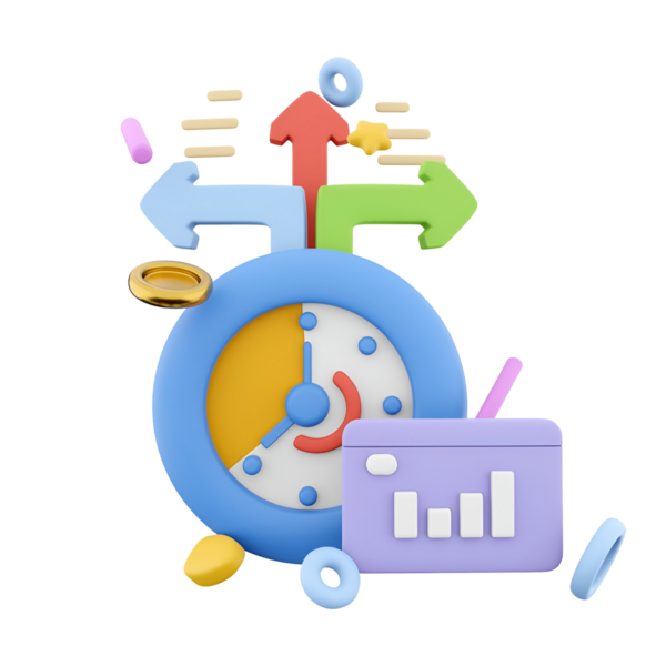Zaman yönetimi ve veri analizini sembolize eden, saat, ok ve grafiği gösteren renkli bir 3D çizim.