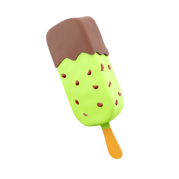 Çikolata kaplı ve yeşil tabanlı renkli bir dondurma. Çikolata parçacıkları, ferahlatıcı bir ikram için mükemmel..