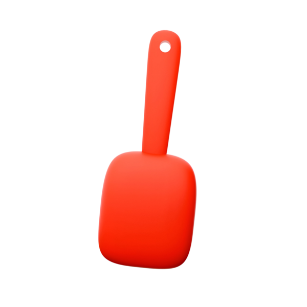 Düz başlı ve saplı parlak kırmızı bir spatula, yemek pişirmek ve servis etmek için kullanılır..