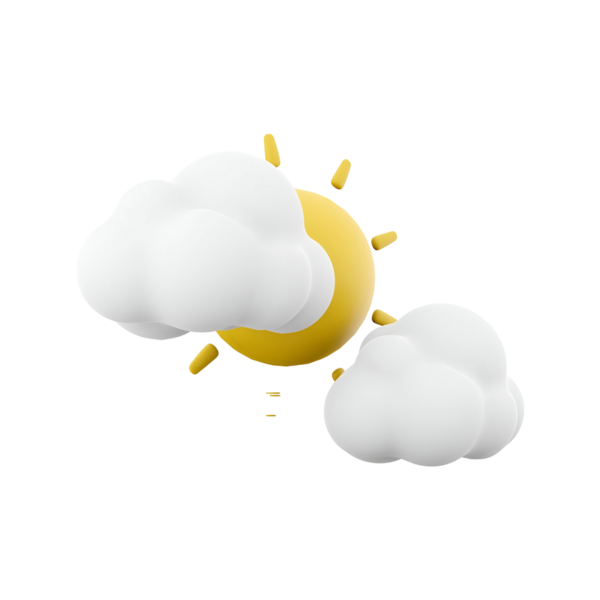 Tüylü bulutlarla çevrili, güneşli bir hava temasını temsil eden stilize bir güneş..
