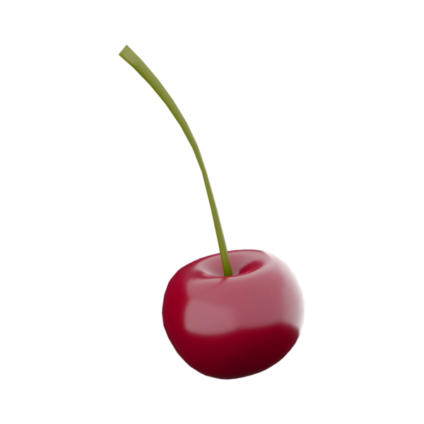 Yeşil saplı tek bir kırmızı kiraz, canlı rengini ve doğal şeklini sergiliyor..