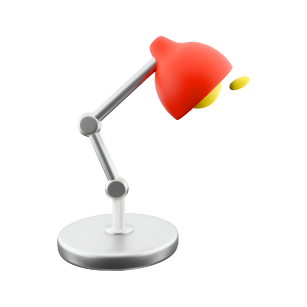 Çalışmak ya da çalışmak için odaklanmış ışıklandırma sağlamak üzere tasarlanmış kırmızı gölgeli ve ayarlanabilir kollu modern bir masa lambası..