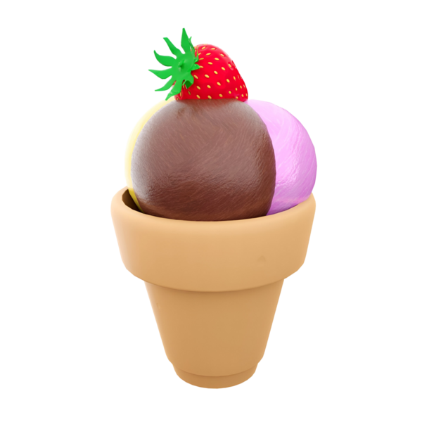 Çikolatalı, çilekli ve mor aromalı renkli bir dondurma külahı..