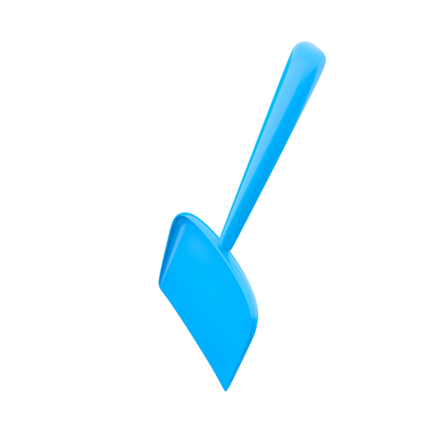 Pürüzsüz bir tasarımı olan mavi bir kürek. Çeşitli görevlerde malzeme kazmak veya taşımak için ideal..