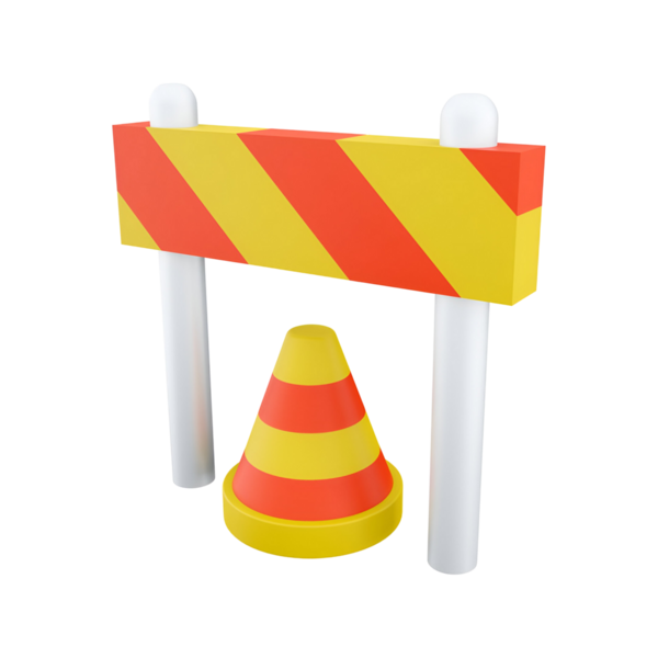 Çizgili bir bariyer ve bir trafik konisi içeren bir inşaat uyarısı..